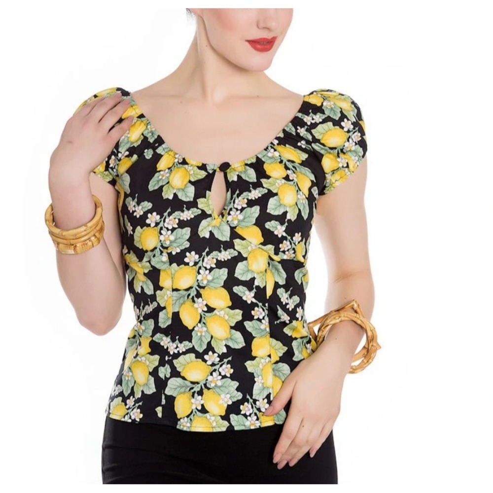 Hell Bunny Lemon Print Rockabilly Black Yellow Keyhole Blouse with headband Sz S